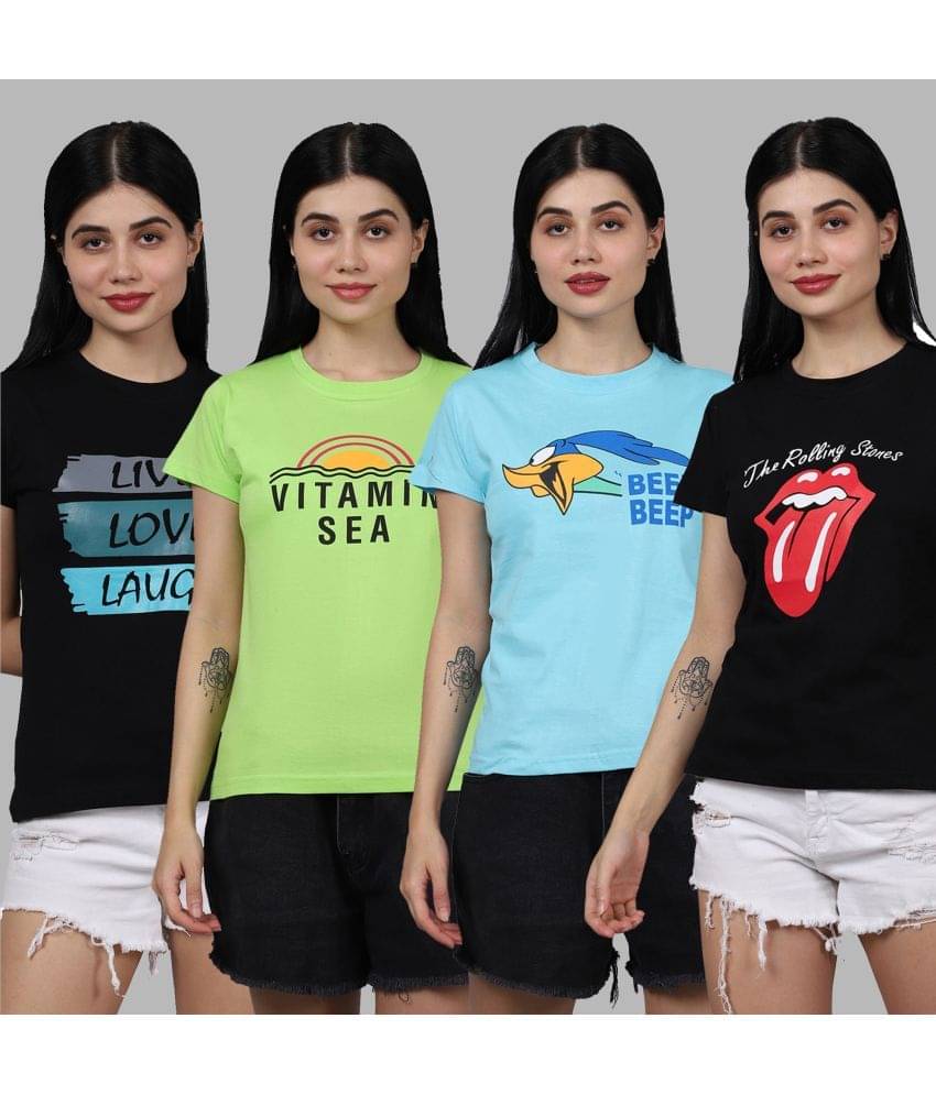     			Fabflee Women Cotton Printed Regular Fit Round Neck T-Shirt ( Multicolor )