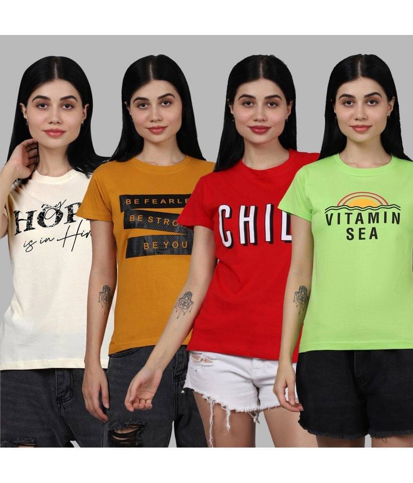     			Fabflee Women Cotton Printed Regular Fit Round Neck T-Shirt ( Multicolor )