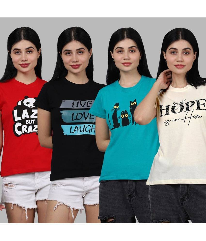     			Fabflee Women Cotton Printed Regular Fit Round Neck T-Shirt ( Multicolor )