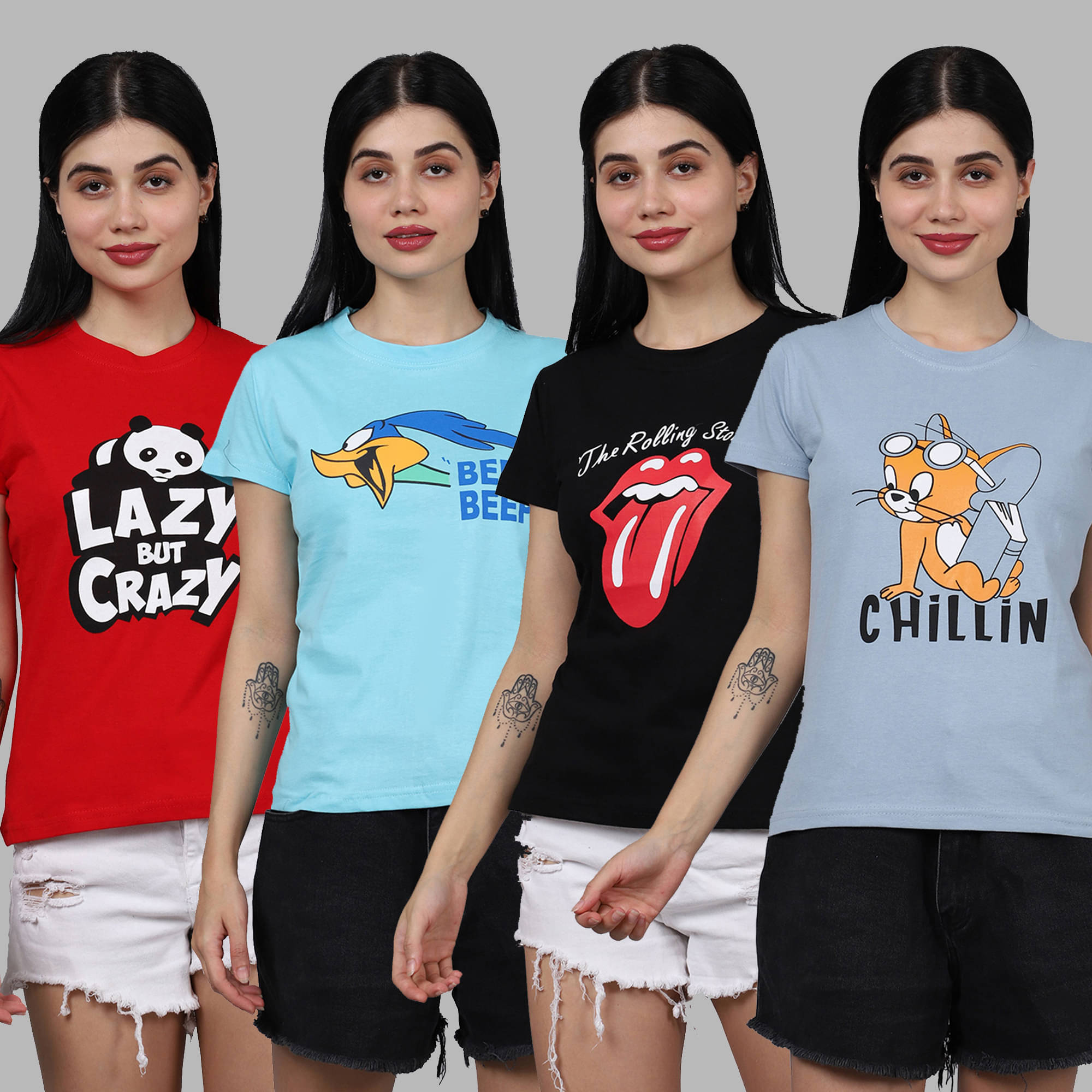     			Fabflee Women Cotton Printed Regular Fit Round Neck T-Shirt ( Multicolor )