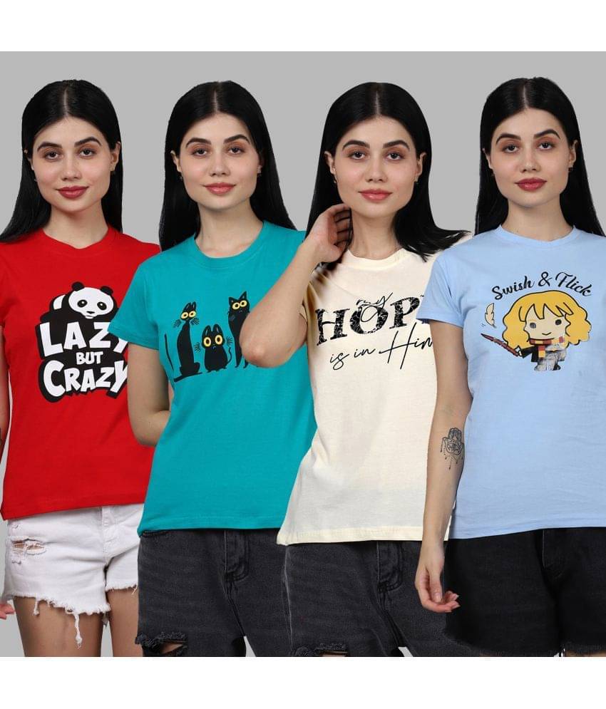     			Fabflee Women Cotton Printed Regular Fit Round Neck T-Shirt ( Multicolor )