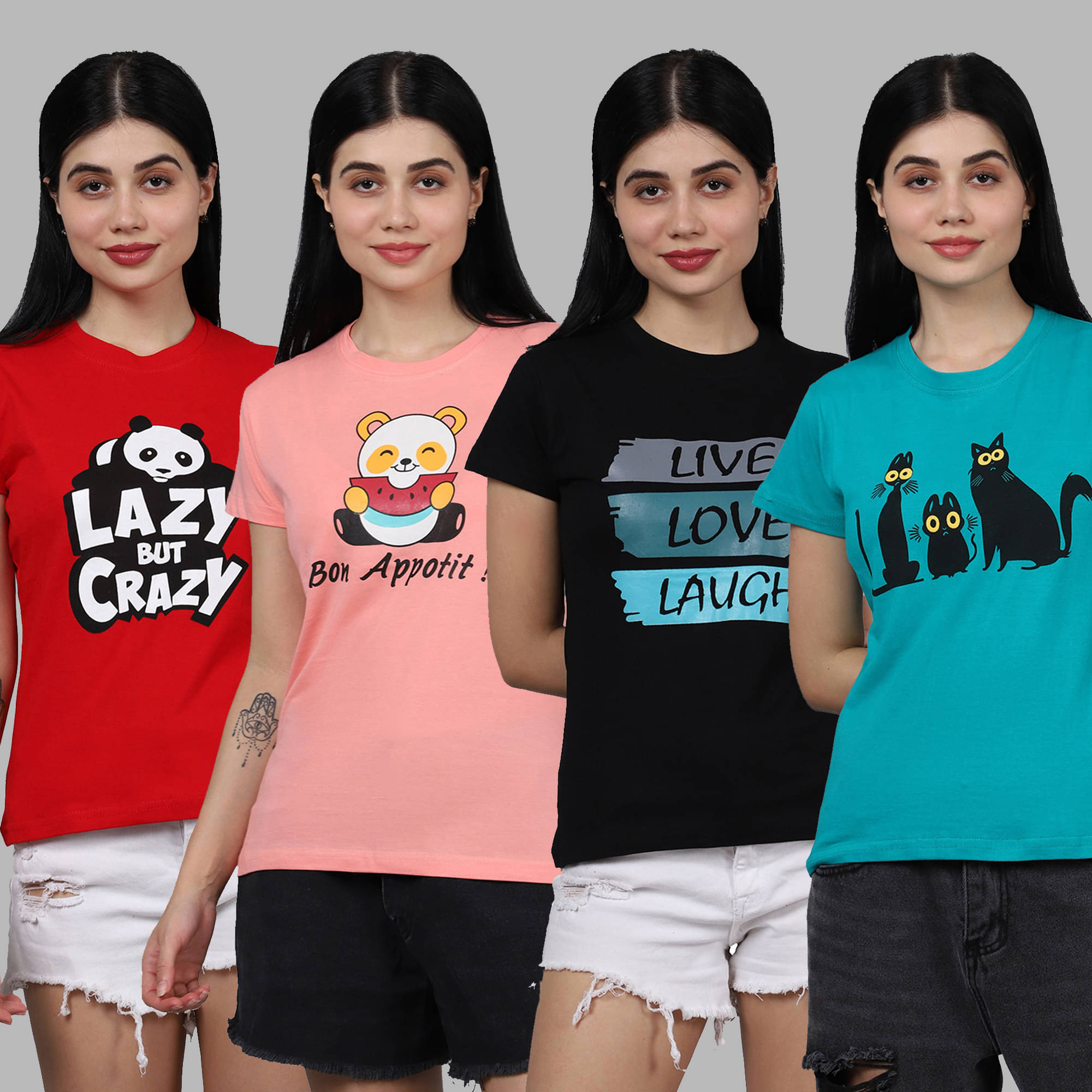     			Fabflee Women Cotton Printed Regular Fit Round Neck T-Shirt ( Multicolor )