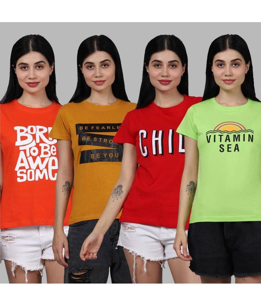     			Fabflee Women Cotton Printed Regular Fit Round Neck T-Shirt ( Multicolor )