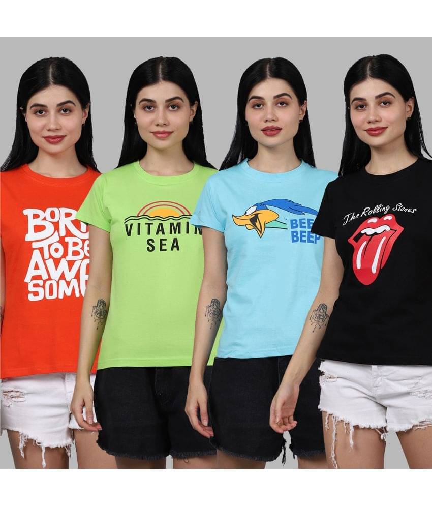     			Fabflee Women Cotton Printed Regular Fit Round Neck T-Shirt ( Multicolor )
