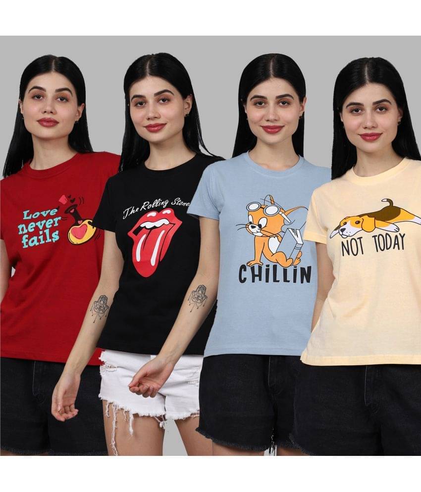     			Fabflee Women Cotton Printed Regular Fit Round Neck T-Shirt ( Multicolor )