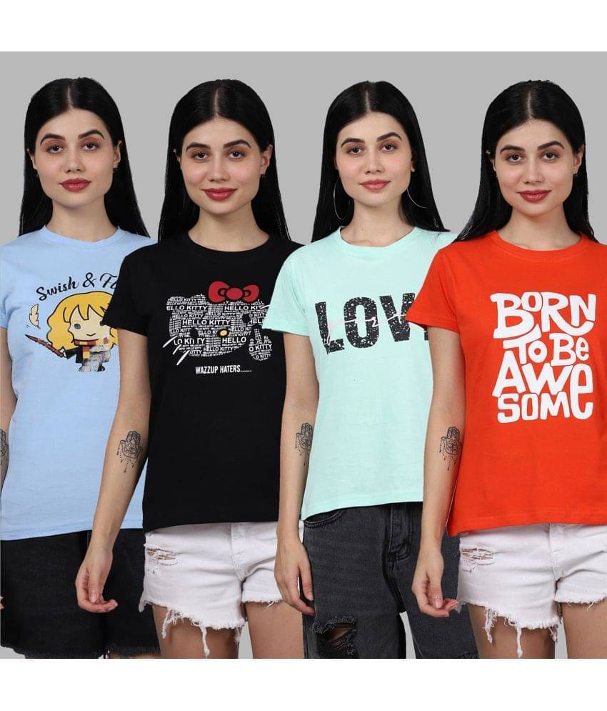     			Fabflee Women Cotton Printed Regular Fit Round Neck T-Shirt ( Multicolor )