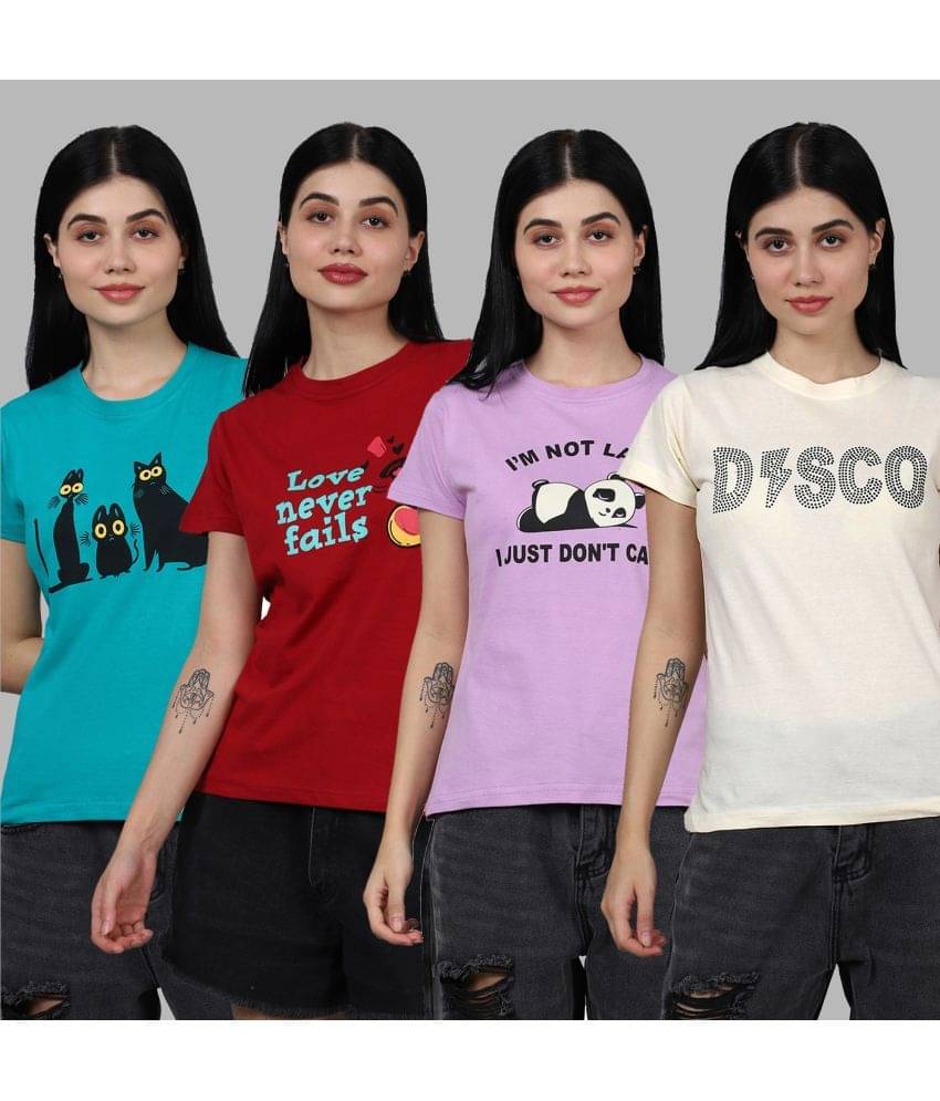     			Fabflee Women Cotton Printed Regular Fit Round Neck T-Shirt ( Multicolor )
