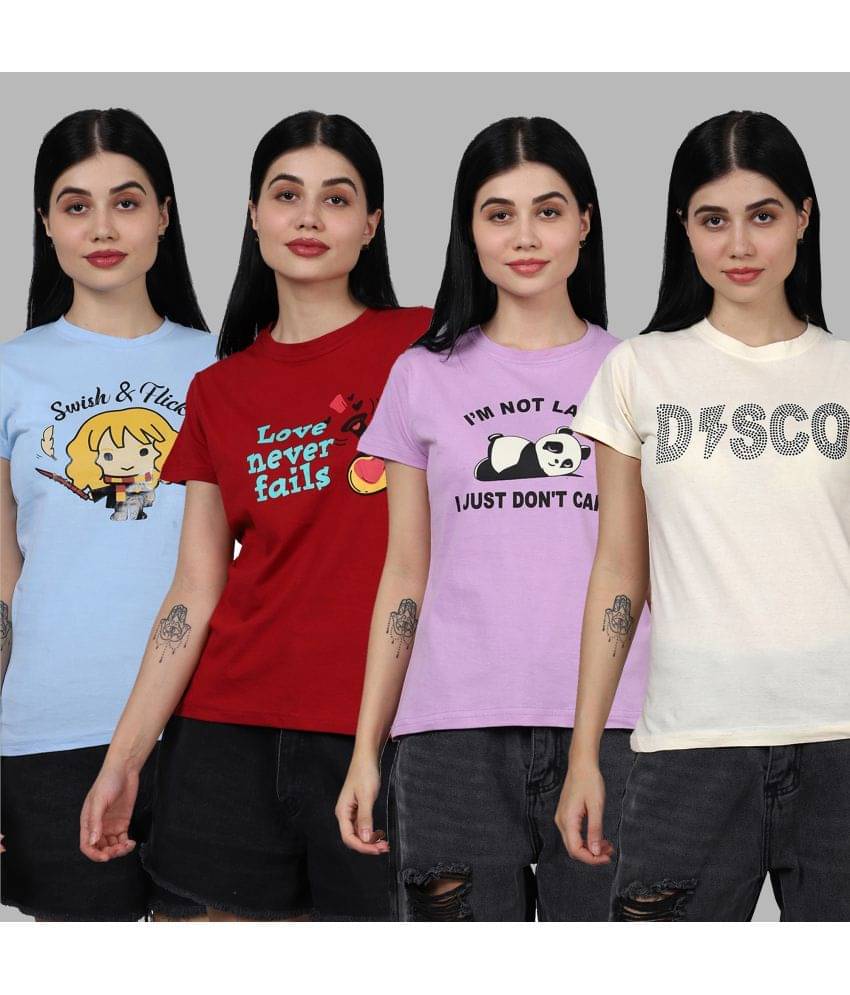     			Fabflee Women Cotton Printed Regular Fit Round Neck T-Shirt ( Multicolor )