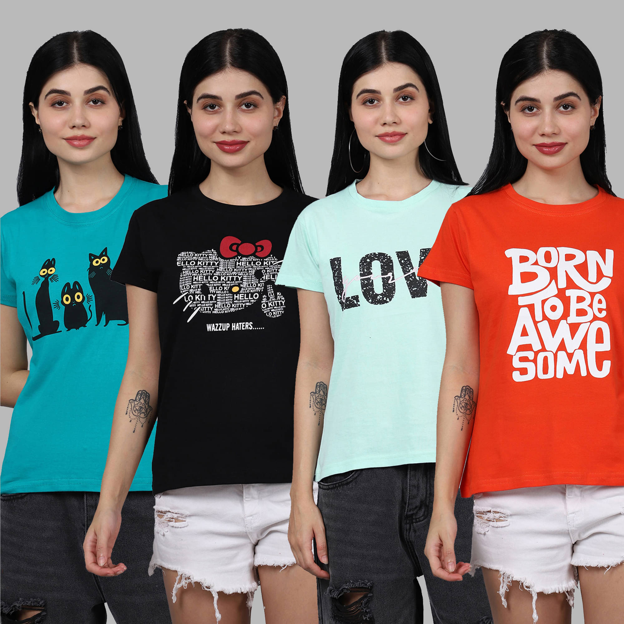    			Fabflee Women Cotton Printed Regular Fit Round Neck T-Shirt ( Multicolor )