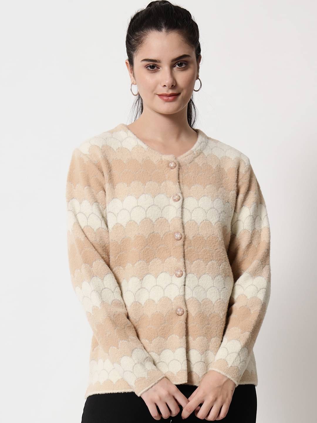 TAB91 Acro Wool Beige Buttoned Cardigans - TAB91 Acro Wool Beige Buttoned Cardigans -