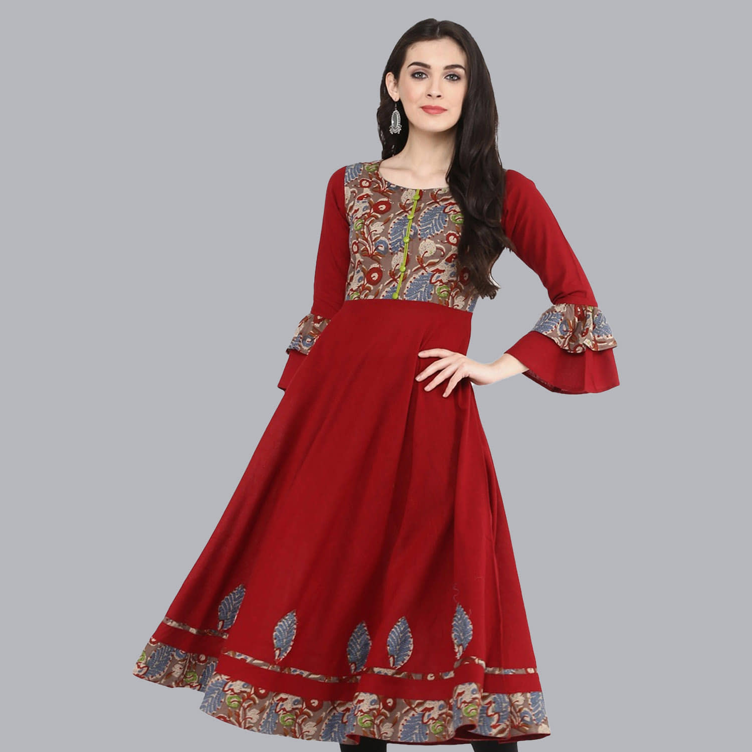 Yash Gallery - Maroon Cotton Women's Flared Kurti ( Pack of 1 ) - Kurtis, Tunics | Buy online on ZillyBuy