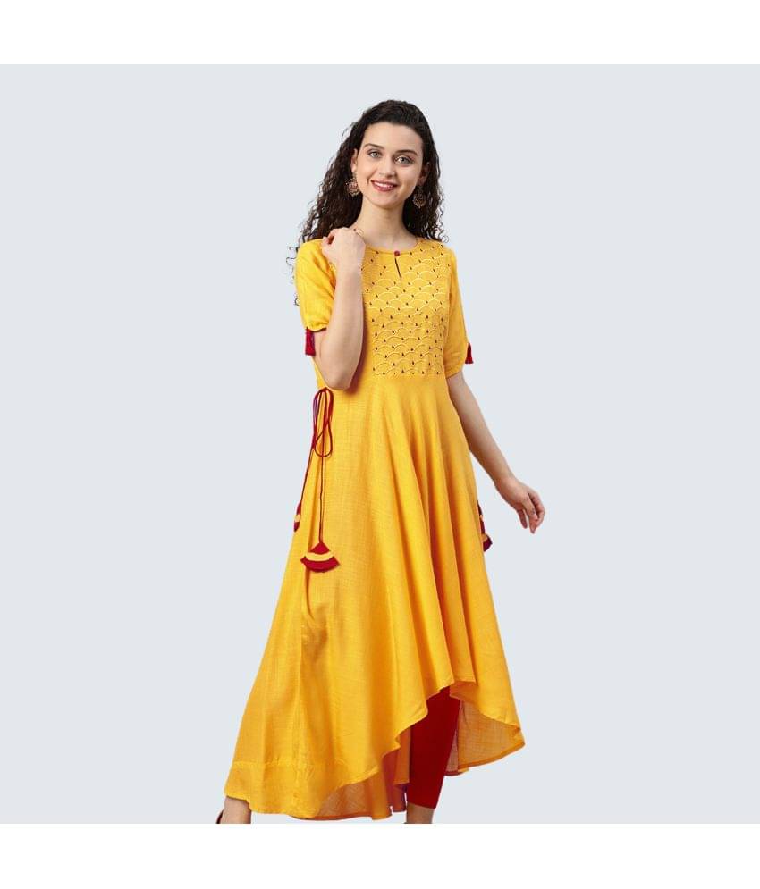 Yash Gallery - Yellow Rayon Women's Asymmetrical Kurti ( Pack of 1 ) Yash Gallery - Yellow Rayon Women's Asymmetrical Kurti ( Pack of 1 )