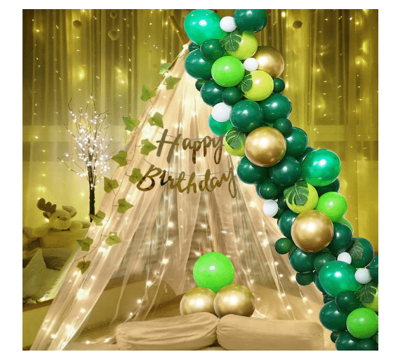     			Blooms Mall  Decoration Items For Birthday -26Pcs Combo With White Net, Led Fairy Lights And Green/White/Golden Balloons - Background Decoration Items, Birthday Decoration Items,Cabana Tent Decoration