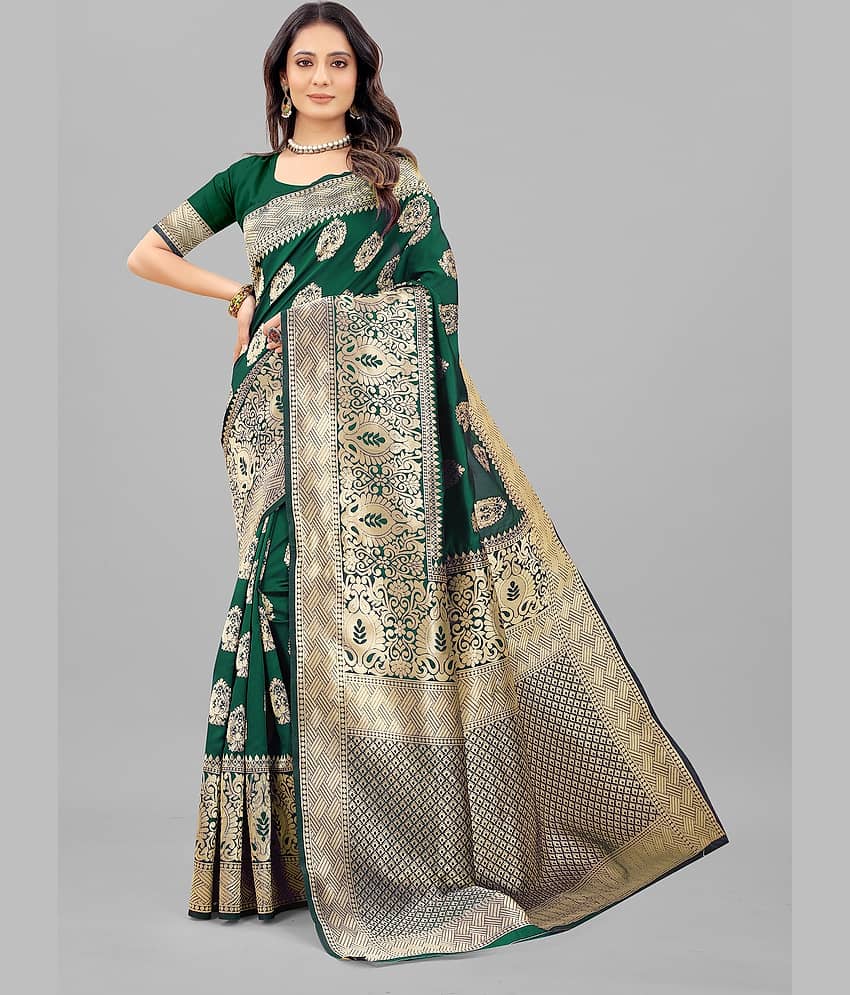 Gazal Fashions Banarasi Silk Embellished Saree With Unstitched Blouse Piece ( Green ) - Sarees | Buy online on ZillyBuy