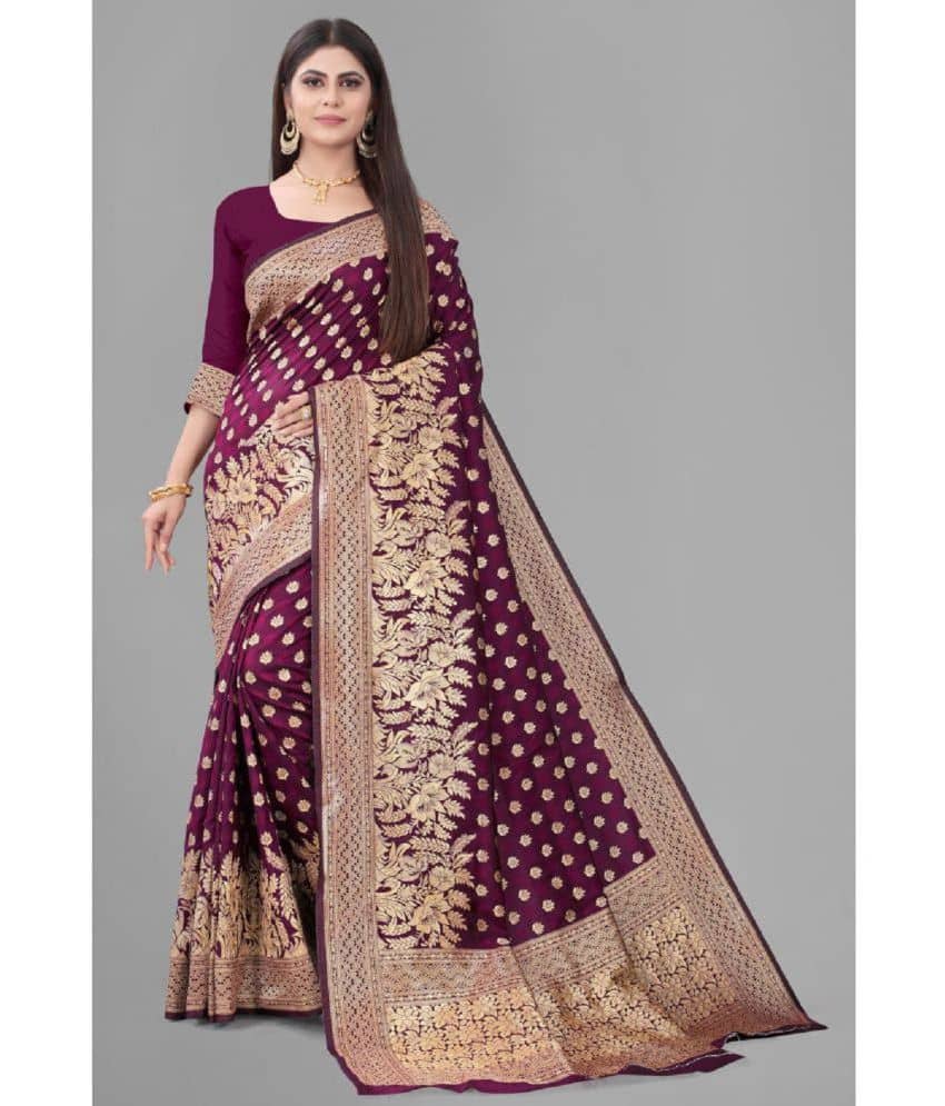 Gazal Fashions Banarasi Silk Embellished Saree With Unstitched Blouse Piece ( Wine ) - Sarees | Buy online on ZillyBuy