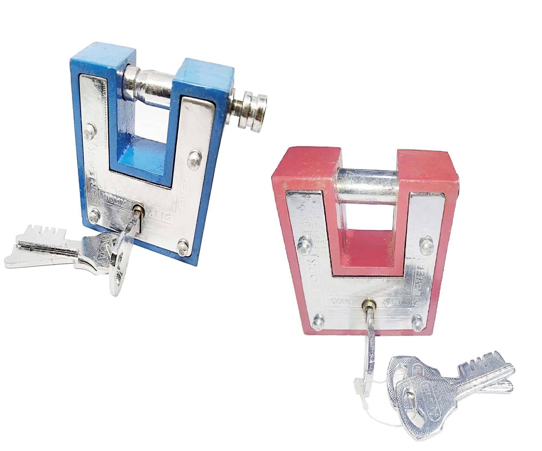     			Unikkus Set of 2 Aligarh Bar Lock and key in red and blue color for Home, Shop, room, door and kitchen,100 MM, 3 Keys for each lock, Double Locking System Padlock