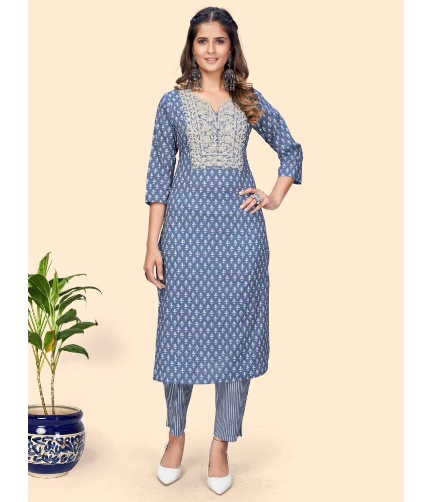 Vbuyz - Blue Straight Cotton Women's Stitched Salwar Suit ( Pack of 1 ) Vbuyz - Blue Straight Cotton Women's Stitched Salwar Suit ( Pack of 1 )
