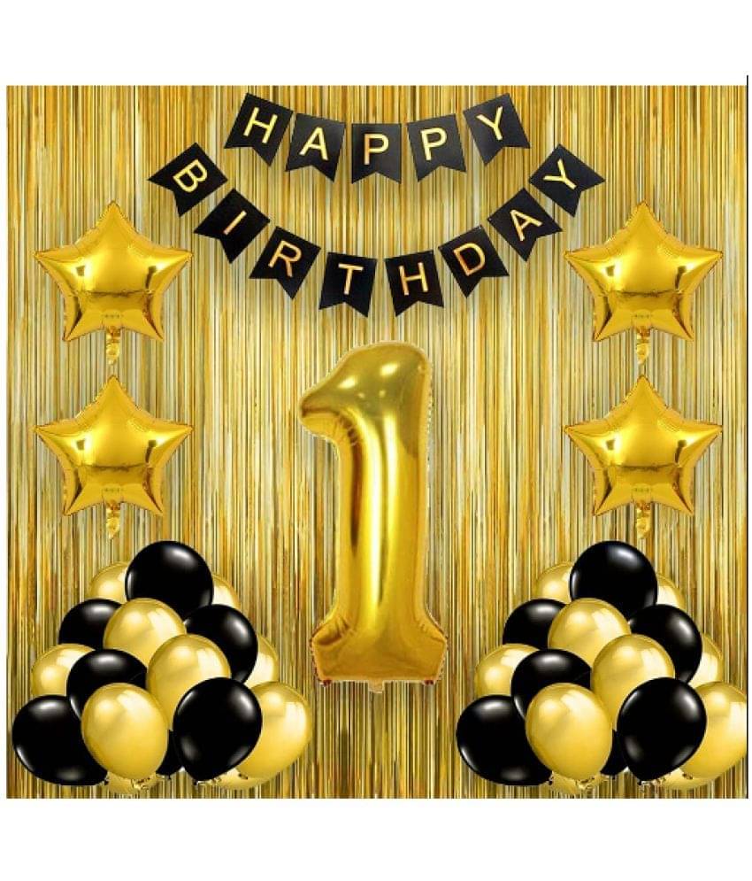     			Blooms  Mall  1 set Happy Birthday Banner (Black   Color), 4 pcs Golden  gold foil star 2 Golden curtain 15 golden 15 black balloon 1 No. Foil Number Golden