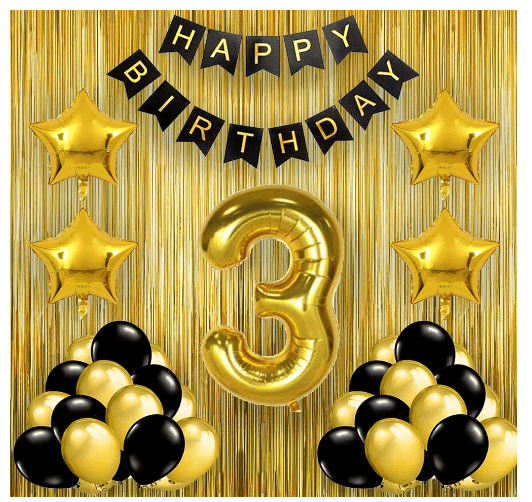     			Blooms  Mall  1 set Happy Birthday Banner (Black   Color), 4 pcs Golden  gold foil star 2 Golden curtain 15 golden 15 black balloon 3 No. Foil Number Golden