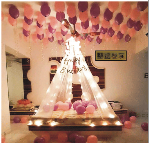     			Blooms Mall Party Supplies Birthday Decorations for Girls Boys, Balloons, Net Backdrop, Led light for Party Decoration (Pink Purple White)