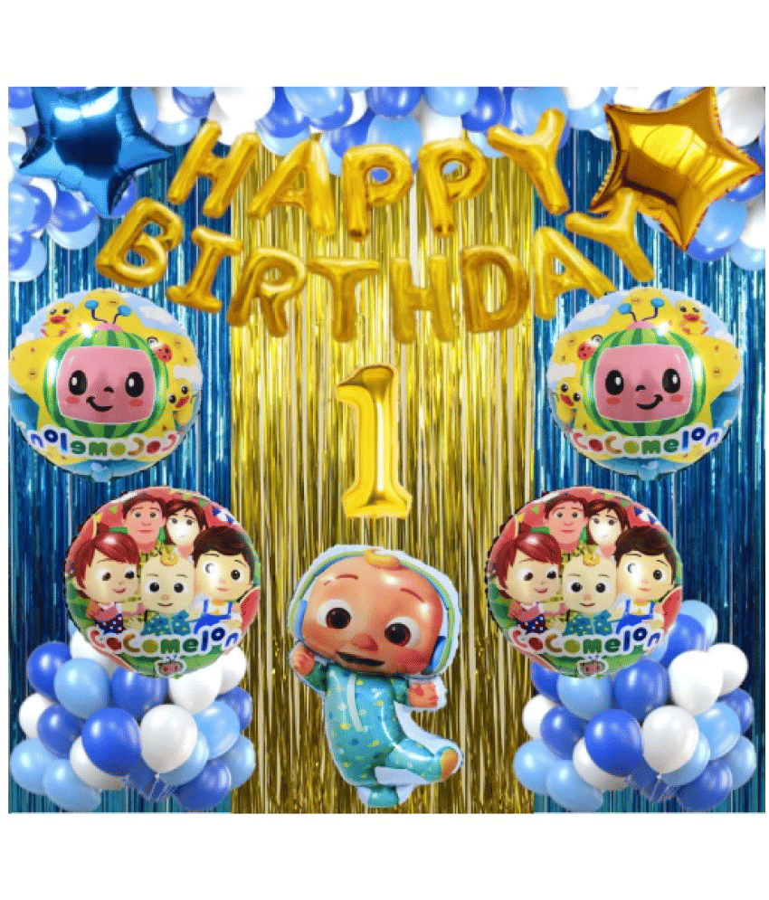     			Blooms  Mall  No 1 Gold Balloons  +golden foil balloon  30 HD Royal Blue , Sky Blue & White Metallic Balloons + 1 Pc Big Cocomelon +  4 Pcs Cocomelon Shape Balloons +  2 Pcs Blue & Gold Star Shape Foil Balloons + 2 Royal Blue & 1 Gold Foil Fringes Curtains