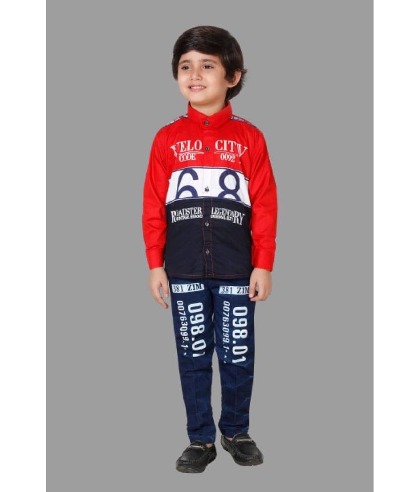 DKGF Fashion Pack of 1 Boys Cotton Blend Shirt & Jeans Set ( Red )     			DKGF Fashion Pack of 1 Boys Cotton Blend Shirt & Jeans Set ( Red )