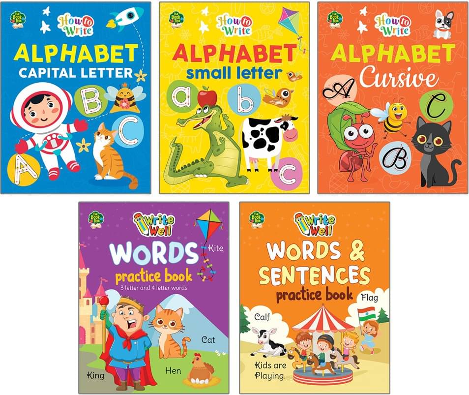     			ENGLISH WRITTING BOOKS SET  FOR KIDS - ABC CAPITAL LETTER  WRITTING BOOK , ABC SMALL LETTER WRTTING BOOK , ALPHABET CURSIVE WRITTING BOOK ,  WORDS  WRITTING BOOK AND SENTENCE WRITTING BOOK FOR KIDS  , ABC WRITTNG BOOK FOR KIDS 2 To 6 Yrs
