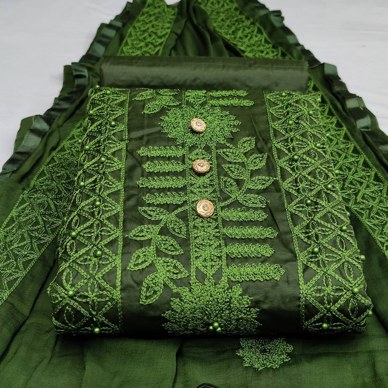 Gazal Fashions - Unstitched Green Cotton Blend Dress Material ( Pack of 1 ) - Unstitched Fabrics | Buy online on ZillyBuy