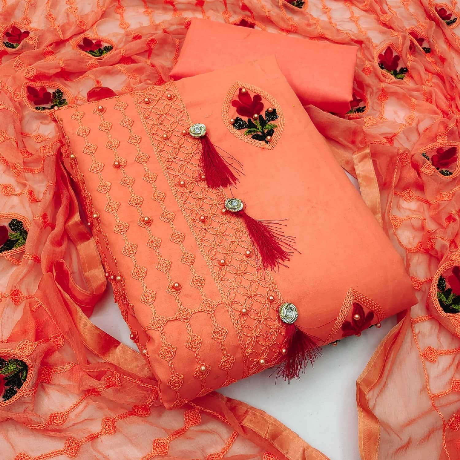 Gazal Fashions - Unstitched Orange Cotton Blend Dress Material ( Pack of 1 ) - Unstitched Fabrics | Buy online on ZillyBuy