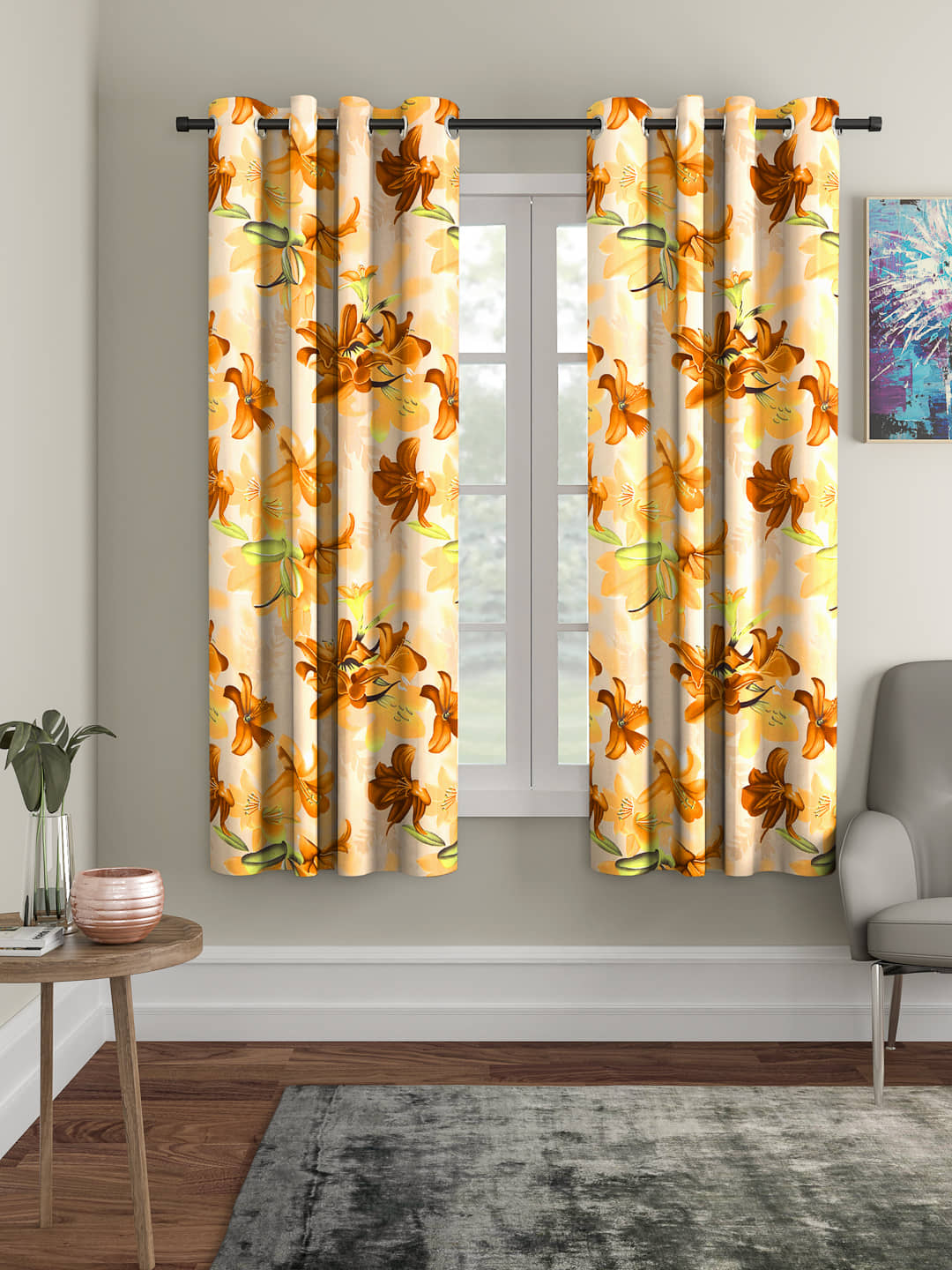 Cortina - Floral Printed Room Darkening Eyelet Curtain-7 Ft-pack of 2