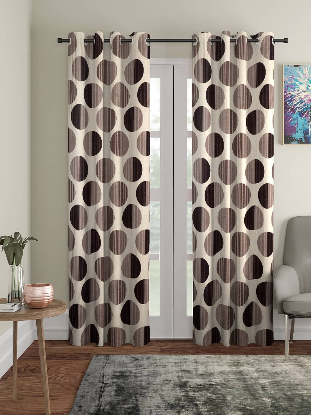 Cortina - Polka Dots Printed Room Darkening Eyelet Curtain-7 Ft-pack of 2