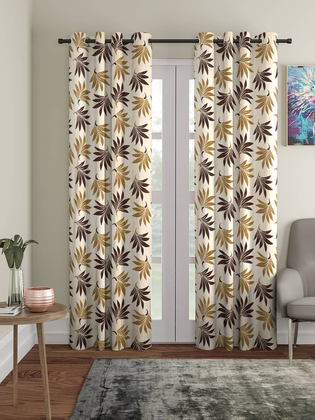 Cortina - Nature Printed Room Darkening Eyelet Curtain-9 Ft-pack of 2