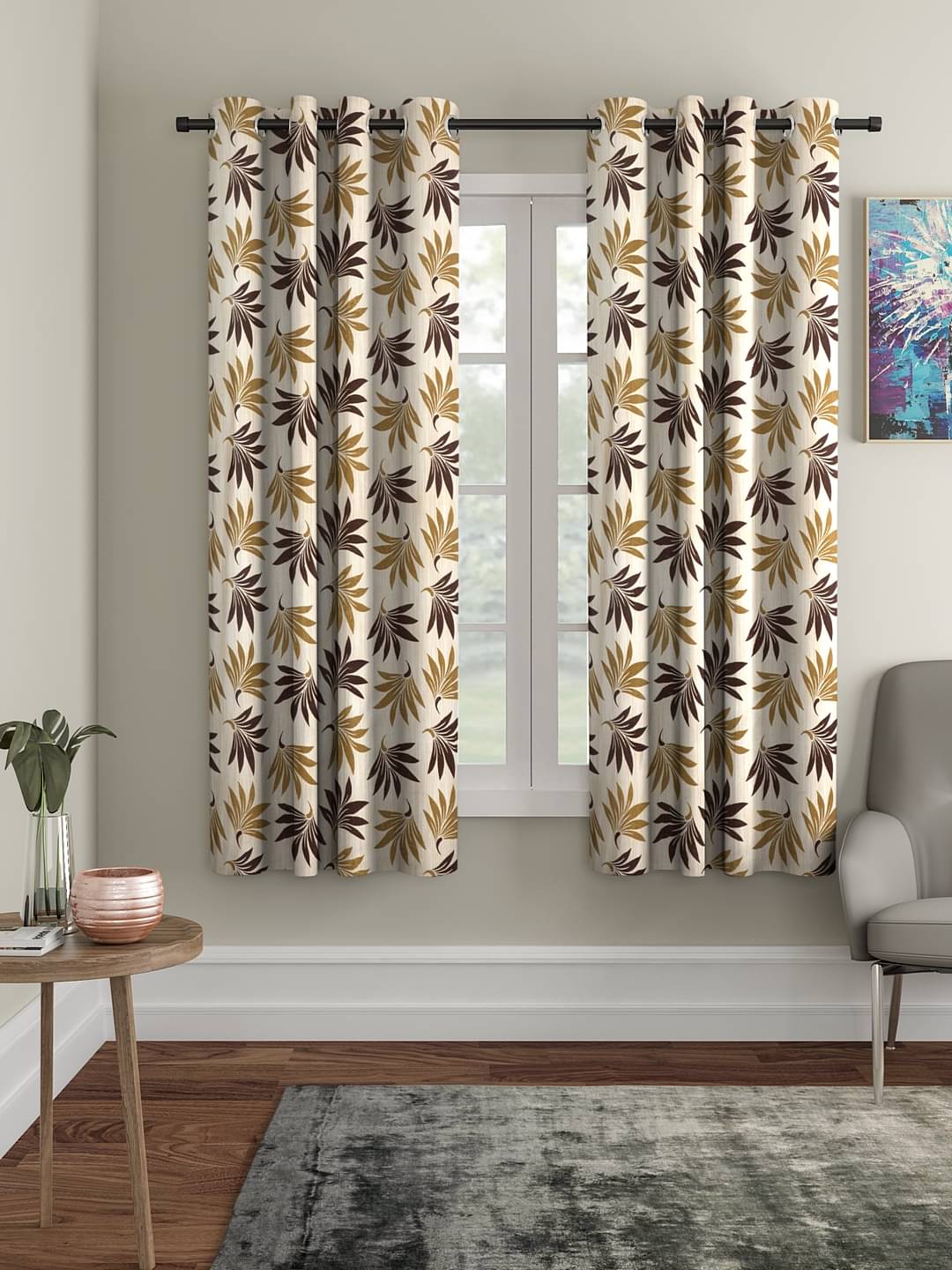     			Cortina - Nature Printed Room Darkening Eyelet Curtain-5 Ft-pack of 2