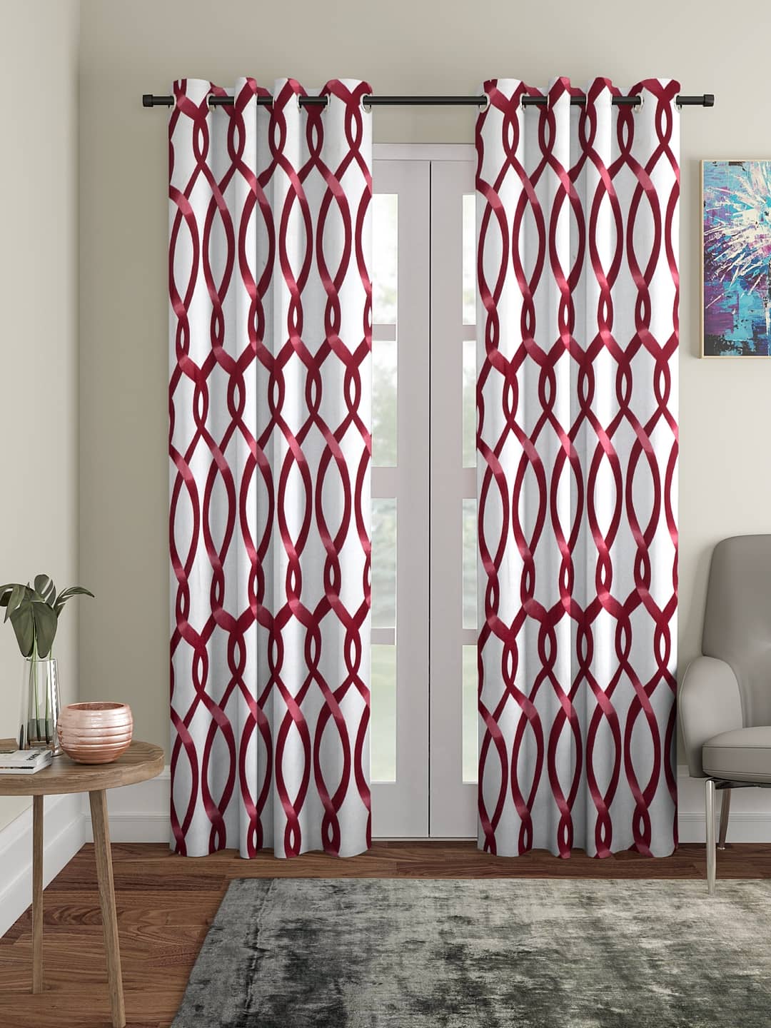 Cortina - Geometric Printed Room Darkening Eyelet Curtain-7 Ft-pack of 2