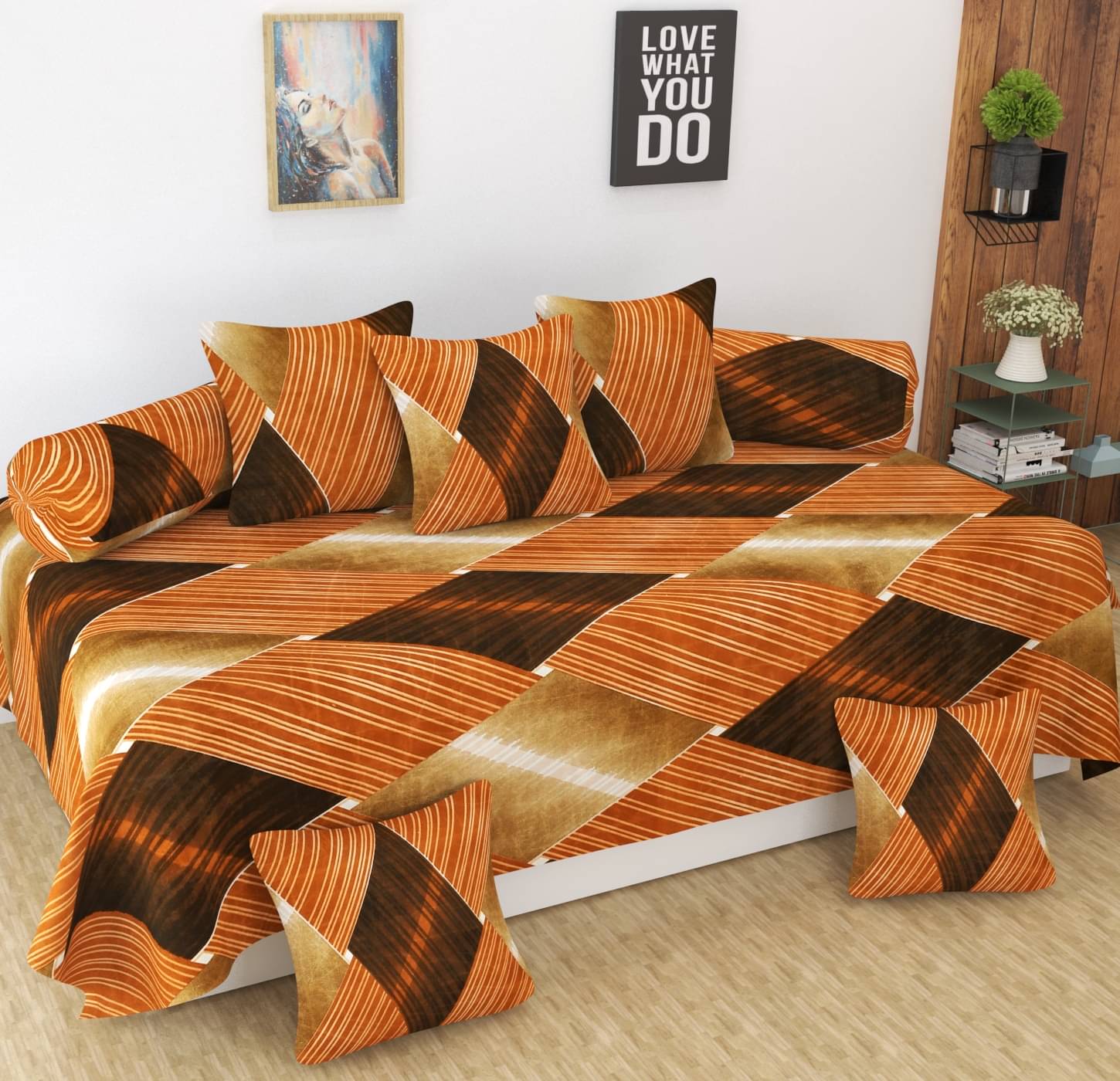     			Homefab India Microfibre Brown 3D Print Diwan Set 8 Pcs