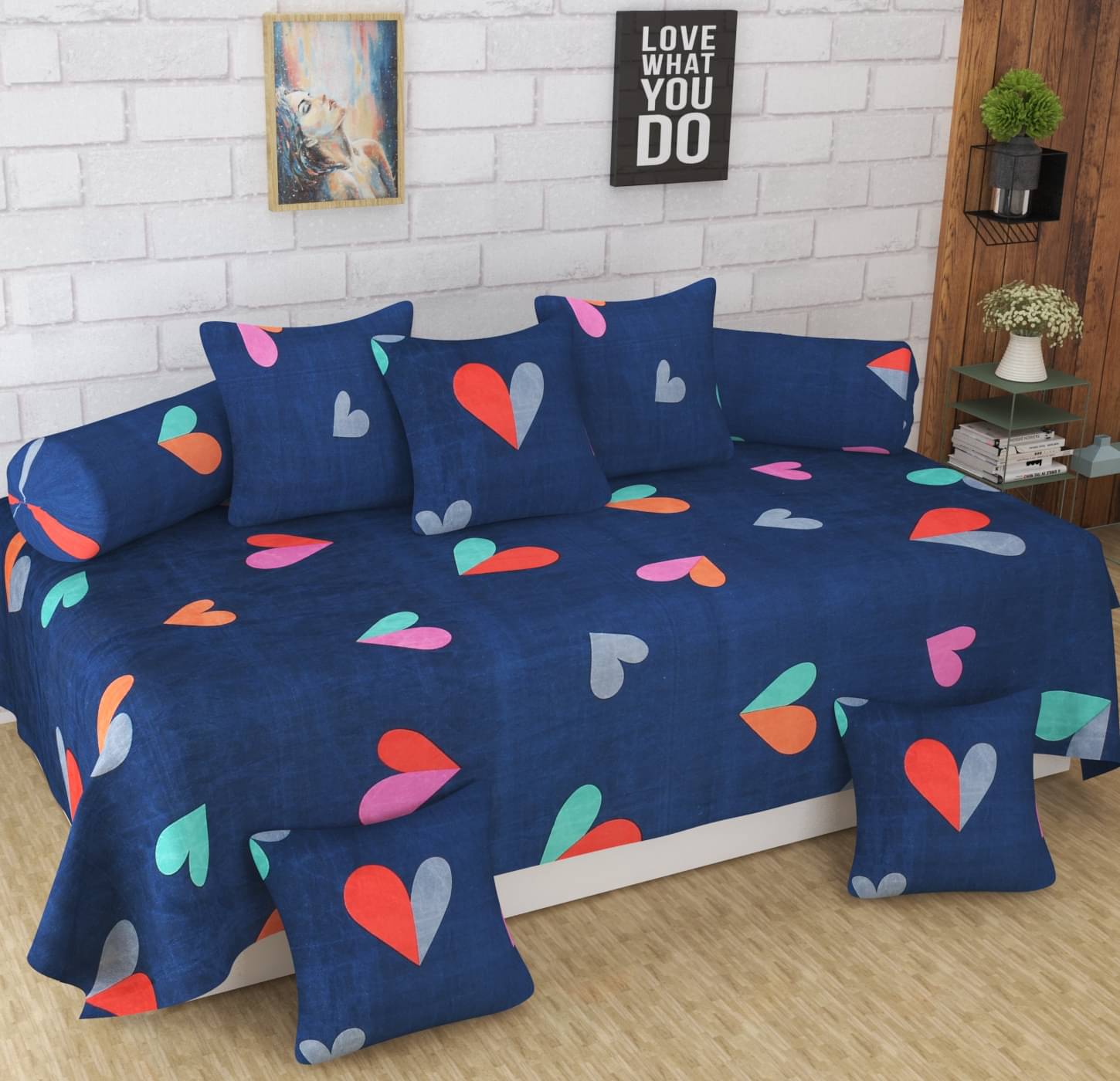     			Homefab India Microfibre Dark Blue 3D Print Diwan Set 8 Pcs