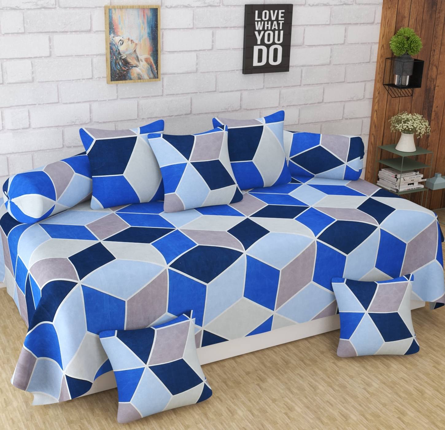 Homefab India Microfibre Multi 3D Print Diwan Set 8 Pcs Homefab India Microfibre Multi 3D Print Diwan Set 8 Pcs