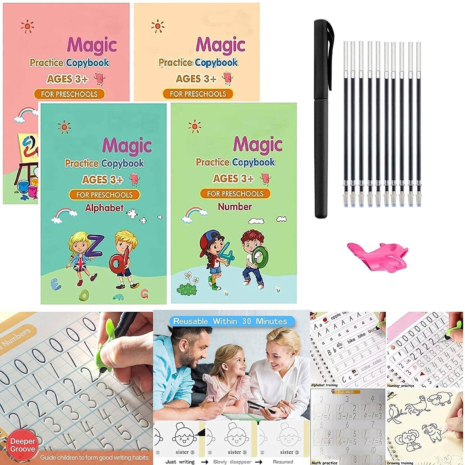     			Magic Reused Practice Copybook For Kids Calligraphy Handwriting Exercise 4 Book Drawing Books Magic Pen Magic Hand Writing Copy Book For Kids