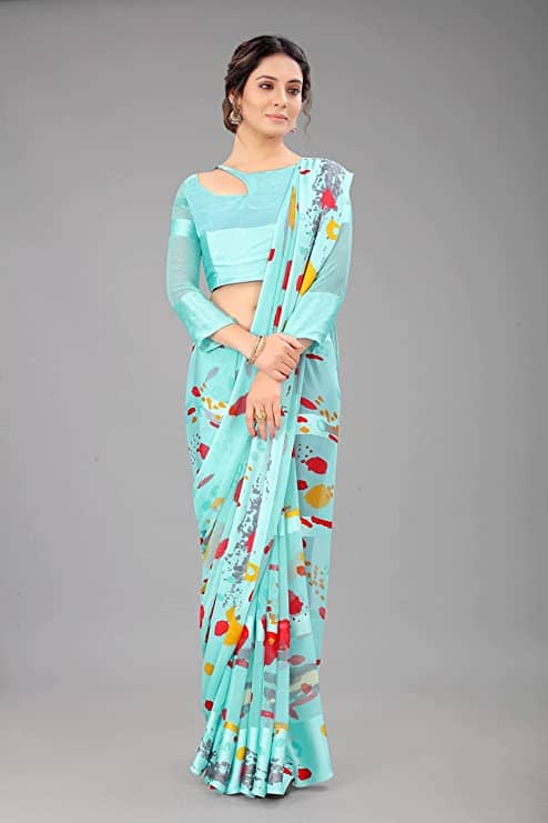 Sitanjali Georgette Printed Saree With Unstitched Blouse Piece ( Yellow ) - Sarees | Buy online on ZillyBuy