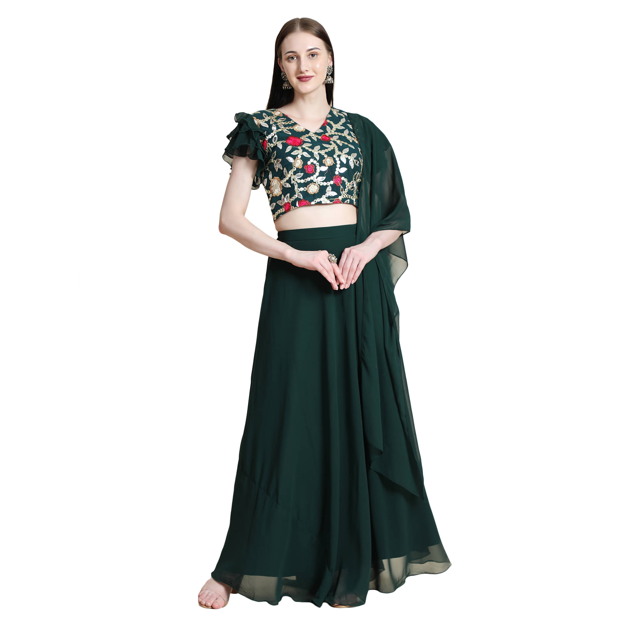     			TOGZZ Green Georgette A-line Stitched Lehenga