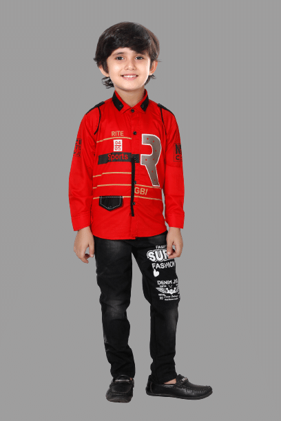 DKGF Fashion Pack of 1 Boys Cotton Blend Shirt & Jeans Set ( Red ) DKGF Fashion Pack of 1 Boys Cotton Blend Shirt & Jeans Set ( Red )