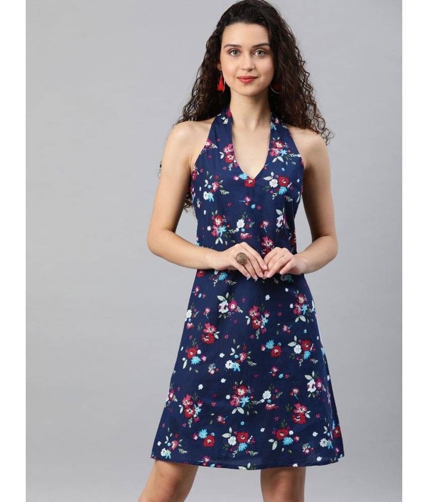 Yash Gallery Women Cotton Printed A-line Dress ( Navy Blue ) Yash Gallery Women Cotton Printed A-line Dress ( Navy Blue )