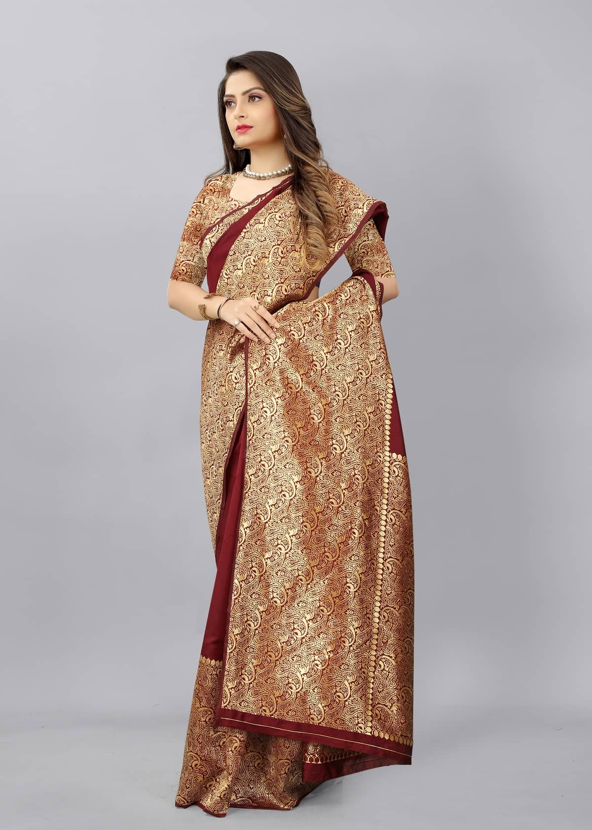 Gazal Fashions Banarasi Silk Embellished Saree With Unstitched Blouse Piece ( Maroon ) - Sarees | Buy online on ZillyBuy