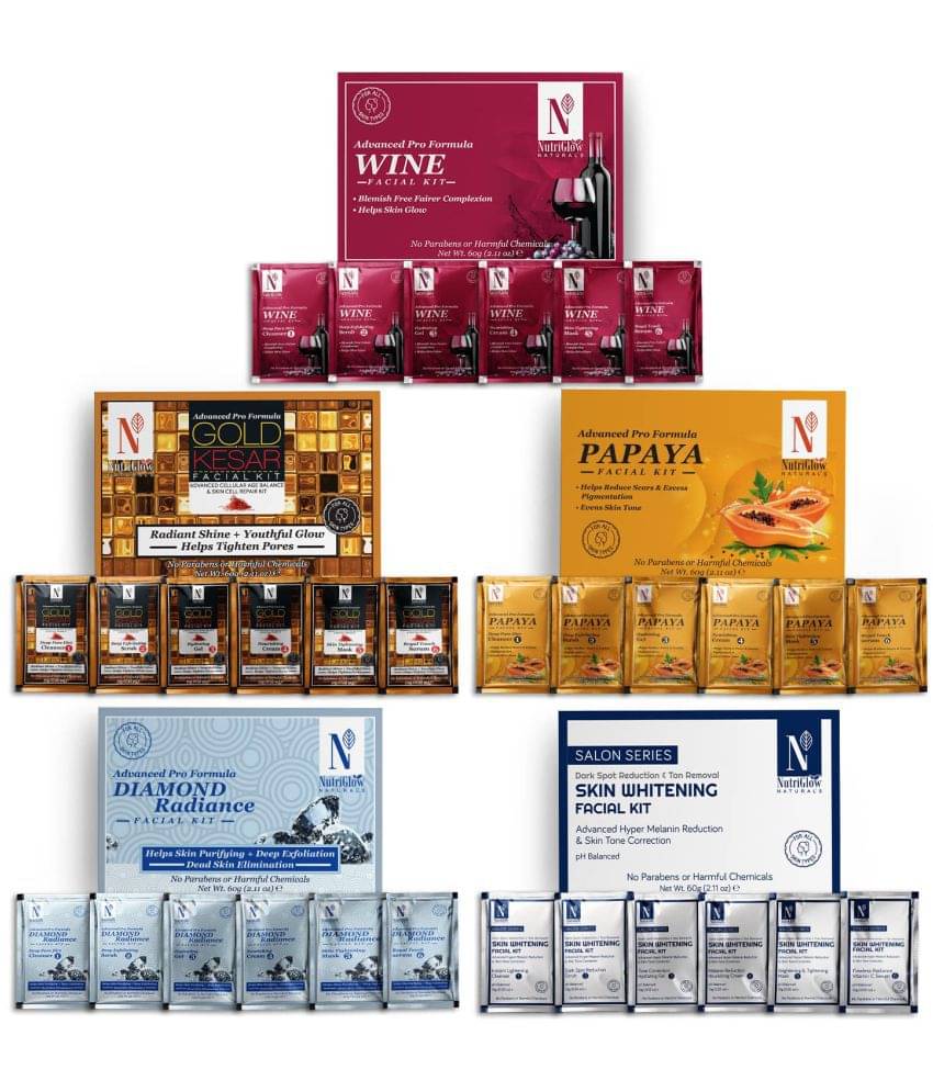 Nutriglow NATURAL'S Wine, Papaya, Gold Kesar, Skin Whitening, Diamond Radiance Facial kit Each 60gm (Pack of 5) Nutriglow NATURAL'S Wine, Papaya, Gold Kesar, Skin Whitening, Diamond Radiance Facial kit Each 60gm (Pack of 5)
