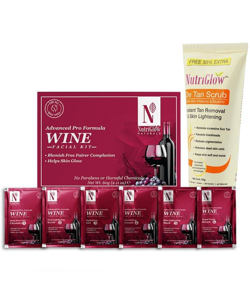 Nutriglow Wine Facial Kit For Blemish Free Fairer Complextion 60gm and De Tan Scrub 65gm For All Skin Type (Pack of 2) Nutriglow Wine Facial Kit For Blemish Free Fairer Complextion 60gm and De Tan Scrub 65gm For All Skin Type (Pack of 2)