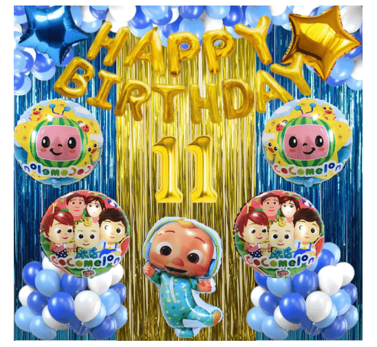     			Blooms  Mall  No 11 Gold Balloons  +golden balloon  30 HD Royal Blue , Sky Blue & White Metallic Balloons + 1 Pc Big Cocomelon +  4 Pcs Cocomelon Shape Balloons +  2 Pcs Blue & Gold Star Shape Foil Balloons + 2 Royal Blue & 1 Gold Foil Fringes Curtains