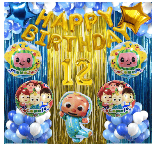    			Blooms  Mall  No 12 Gold Balloons  +golden  balloon  30 HD Royal Blue , Sky Blue & White Metallic Balloons + 1 Pc Big Cocomelon +  4 Pcs Cocomelon Shape Balloons +  2 Pcs Blue & Gold Star Shape Foil Balloons + 2 Royal Blue & 1 Gold Foil Fringes Curtains