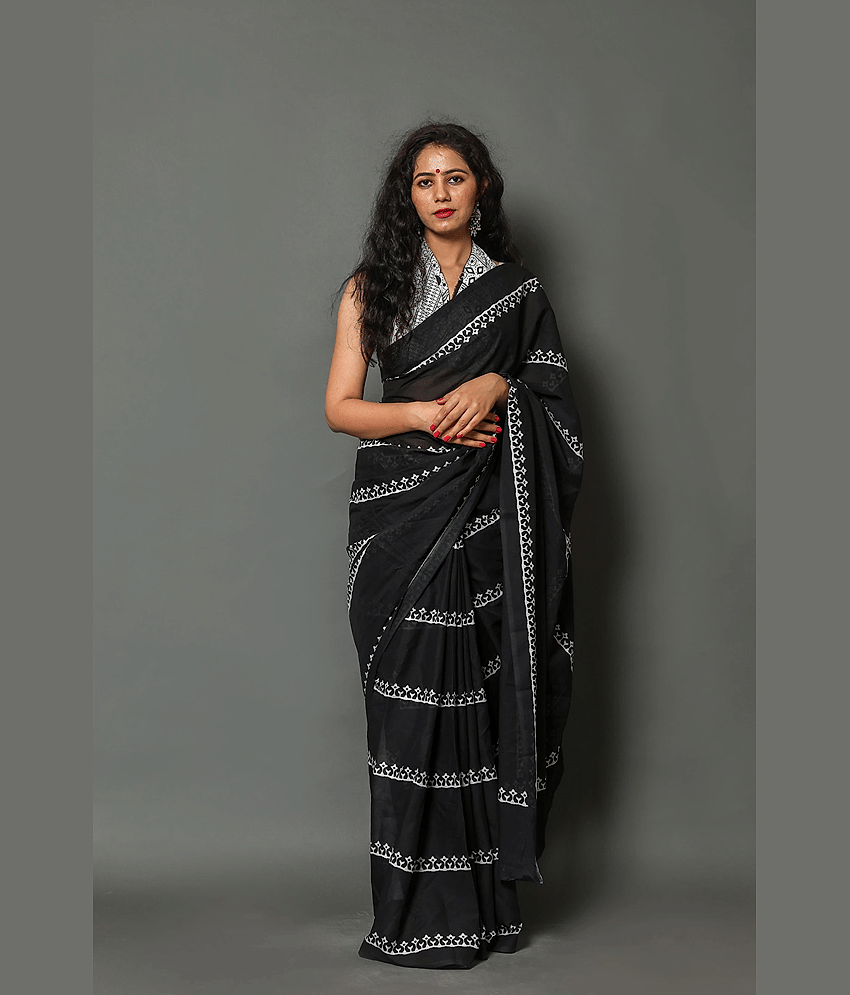 PINKCITY TRADE WORLD Cotton Printed Saree With Unstitched Blouse Piece ( Black ) - Sarees | Buy online on ZillyBuy