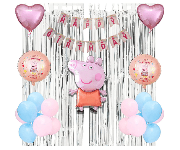     			Blooms  Mall Peppa Pig Birthday Decoration Theme With Birthday Banner, Star & Heart Balloons, Fringe Curtain, Ribbon, Large Pig & 30PCS Blue Pink Balloon, 16ft Arch Tape, 100 Glue Drop Strip