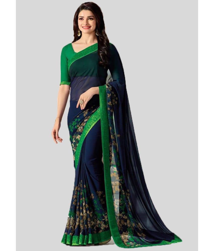 Gazal Fashions Chiffon Printed Saree With Unstitched Blouse Piece ( Blue ) - Sarees | Buy online on ZillyBuy